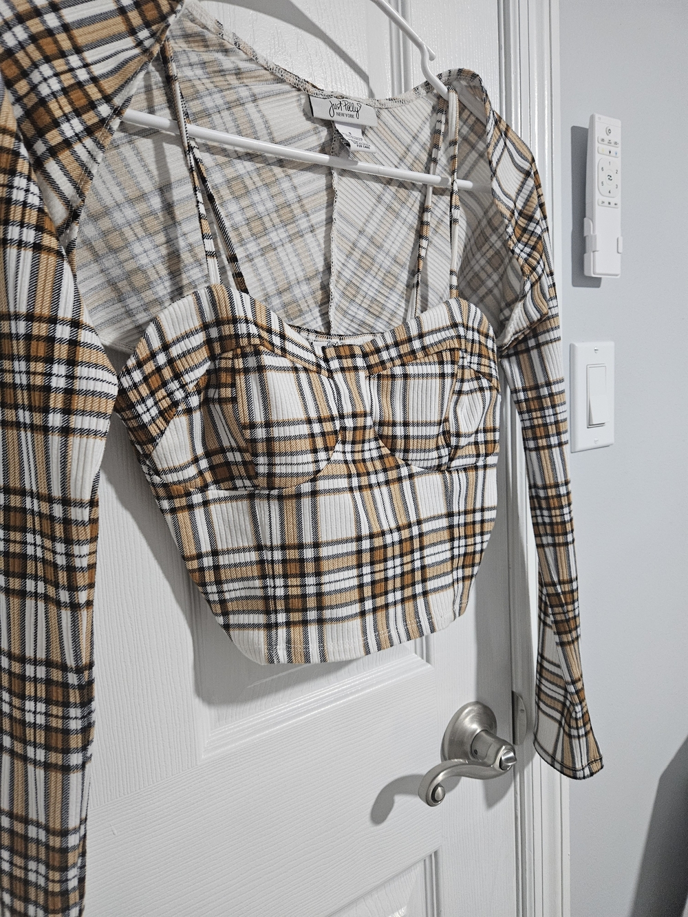 Just Polly Plaid Bustier Crop Top in White and Tan